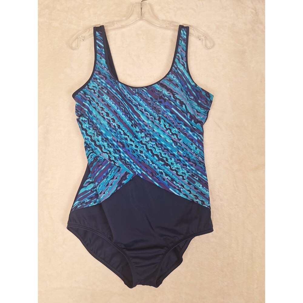 Lands End Womens 14 One Piece Swimsuit Lined Padded Slimming  Tugless Tummy Blue